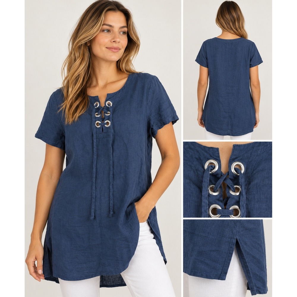 Womens 100% Linen Tunic Top Size 8 Navy Blue Lace Up Short Sleeve Lagenlook